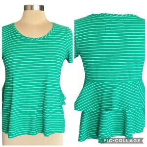 By Anthropologie Kelly Green White Stripe T-shirt Ruffled Back Sz SMALL Preppy